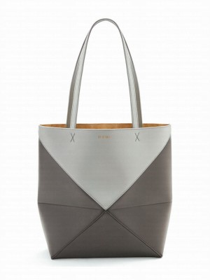 Loewe Puzzle Fold Tote In Shiny Calfskin Gray