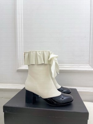 Chanel Stretch Lambskin & Patent Calfskin Ankle Boots  white