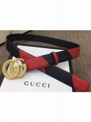 Gucci Width 3cm Diagonal Leather Belt Black/Red with Textured Double G Buckle