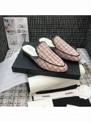 Chanel Chain Embellished Mules Tweed/Lambskin Leather Spring/Summer 2021 Collection, White/Pink