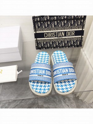 Dior Dway Slide Sandals in Blue Cotton Embroidery with Micro Houndstooth 2022 Collection