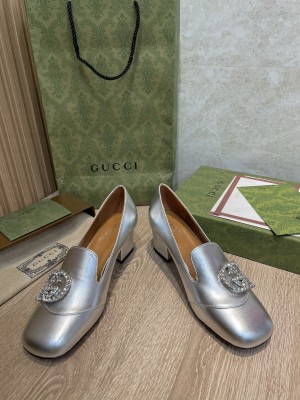 Gucci Leather Loafer Pumps 5cm with Crystal Double G Silver 2022 Collection