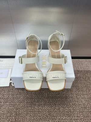 Dior Dway Heeled Sandals 7.5cm in White Calfskin and Embroidered Cotton 2025