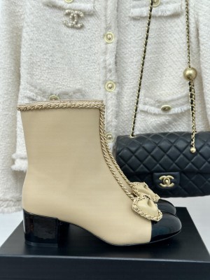 Chanel Women's Chain Around With Bow Leather/Patent Ankle Boots Beige