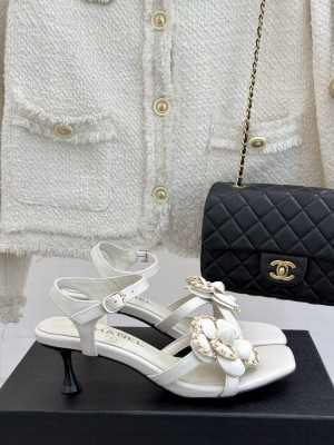 Chanel Lambskin With Camellia Chain 5cm Sandals White 2025