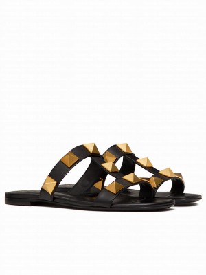 Valentino Women's Roman Stud Flat Calfskin Slide Sandal Black