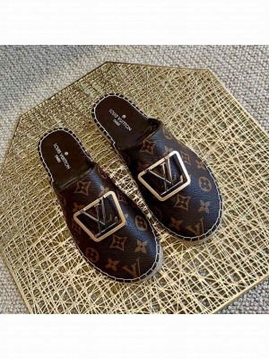 Louis Vuitton Monogram Canvas Espadrille Flat Mules with Square LV Buckle Brown 2021 Collection