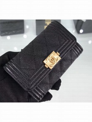 Chanel Grained Calfskin Boy Flap Card Holder A80603 Black/Gold
