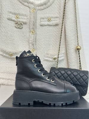 Chanel Calfskin 3.5cm Lace-up Biker Boots 2023 Black