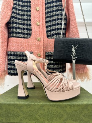 Gucci Lambskin Platform 11cm Heel Sandals with GG Chain 2023 Pink