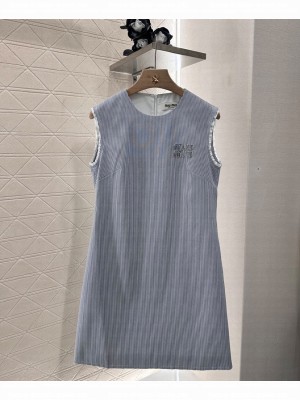 Miumiu Women's Letter Embroidery Striped Dress Gray