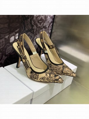 Dior J'Adior Slingback Pumps 9.5cm in Beige/Black Multicolor Embroidered Cotton with Jardin Botanique Motif 2023