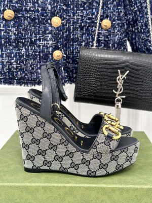 Gucci Women's Canvas 12cm Horsebit Wedge Sandals Black