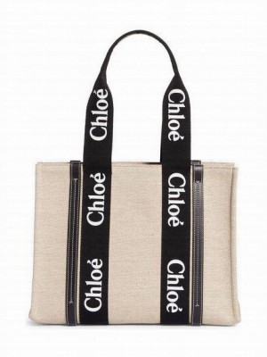 Chloe Medium Woody Logo Strap Canvas Tote Black