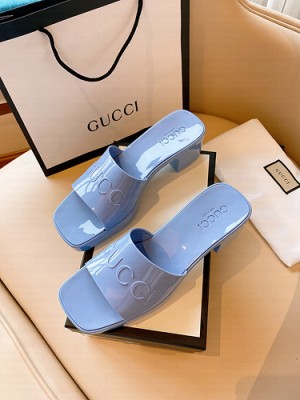 GUCCI HEEL 5.5CM PLATFORM 2.5CM EMBOSSED LOGO RUBBER SLIDE SANDALS SKY BLUE