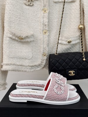 Chanel CC Chain Logo Fabric Slide Mule 2024 Pink