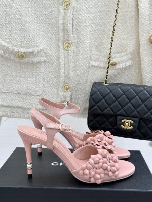 Chanel Lambskin Heel slingbacks Sandal 8cm with Camellia Bloom Pink 2025