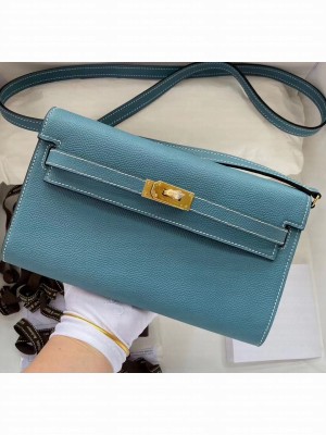 Hermes Kelly Long To Go Wallet in Original Epsom Leather Cyan/Gold 2020 Collection