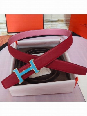 Hermes Leather Reversible Belt 32mm with H Buckle Red/Silver 2019  Collection