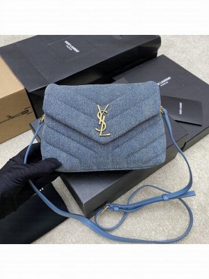 SAINT LAURENT PUFFER SMALL CHAIN BAG IN DENIM AND SMOOTH LEATHER 392255 BLUE