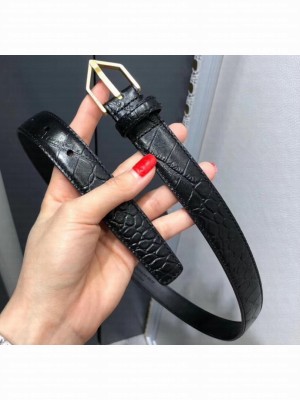 Saint Laurent Width 2.5cm Belt With Triangle Buckle In Crocodile Embossed Leather Black/Gold