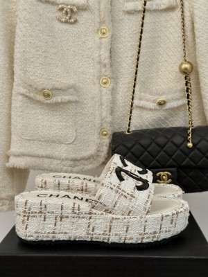 Chanel Beige Tweed Platform Slide Mule 