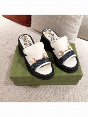 Gucci Leather and GG Canvas Mid-heel Slide Sandal with Horsebit White/Blue 2021 07 Collection