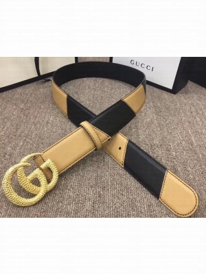Gucci Width 4cm Diagonal Leather Belt Black/Beige with Textured Double G Buckle