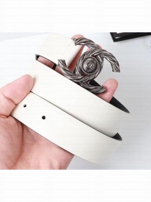 Chanel Width 3cm Braided CC Logo Buckle Leather Belt White