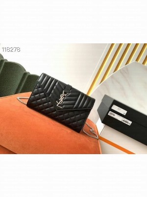 SAINT LAURENT MONOGRAM CHAIN WALLET IN MIX MATELASSE GRAIN DE POUDRE EMBOSSED LEATHER 620280 BLACK&SILVER