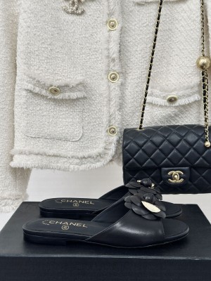 Chanel Lambskin Camellia Bloom Flat Slide Black