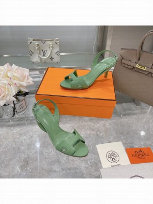 Hermes Leather Heeled Sandals 7cm Green 2021 Collection 