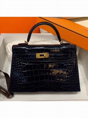 Hermes Mini Kelly II Handbag in Glossy Real Alligator Leather Deep Blue (Handmade) Collection