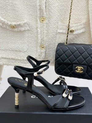 Chanel Calfskin Heel Slides Sandal 7.5cm with Pin Buckle Black 2025