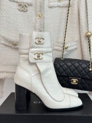 Chanel 8cm leather & Knitted Ankle Boot White