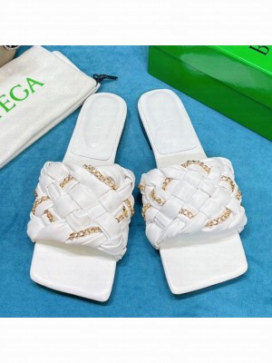 Bottega Veneta Leather Chain Woven Flat Slide Sandals White  2021 Collection