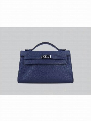 HERMES KELLY 22 CALFSKIN LEATHER CLUTCH BAG IN DEEP BLUE 