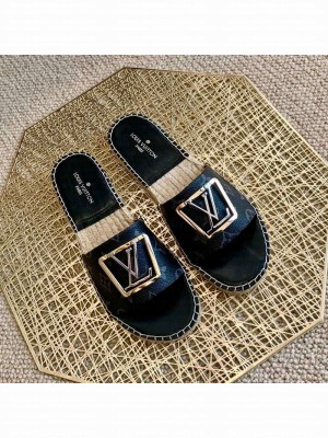 Louis Vuitton Monogram Canvas Espadrille Slide Sandals with Square LV Buckle Black 2021 Collection