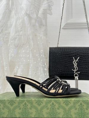 GUCCI WOMEN'S CRYSTAL INTERLOCKING G LAMBSKIN SANDAL BLACK