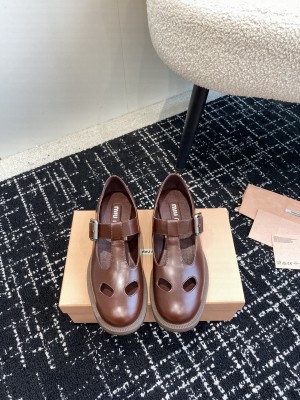 Miu Miu Leather T-Bar Loafer Brown