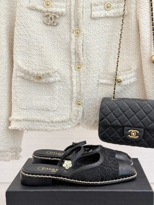 Chanel Lace Camellia Flat Mules with chain black 2025
