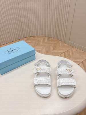 Prada Crochet Cage Flat Sandals 2024 White