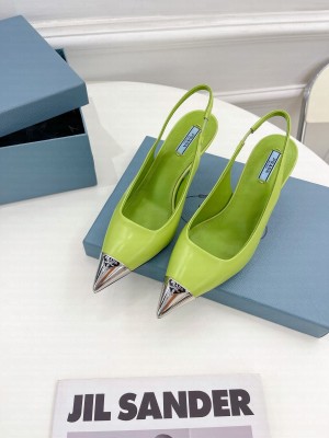 Prada Brush Leather Slingback Pumps 7.5cm with Metal Logo 2022 Collection,Green