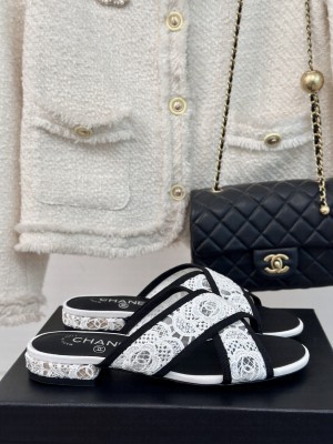 Chanel Mesh Lace Camellia Cross Slide White