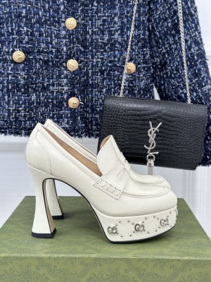 Gucci Leather Platform Pumps 11cm with G Studs White 2023 