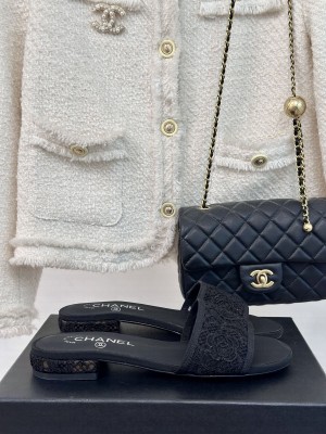 Chanel Mesh Lace Camellia Slide Black