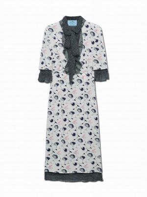 Prada Women's Printed Georgette Ruffled Dress Cream