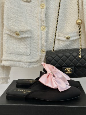 Chanel Satin Flat Mules with Maxi Bow Black/Pink 2024  