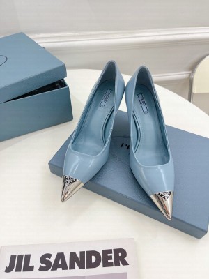 Prada Brush Leather Pumps 7.5cm with Metal Logo 2022 Collection,Blue