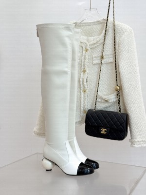 Chanel Stretch Lambskin & Patent Calfskin Heeled Over-the-Knee Boots White